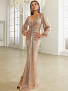 Long Sleeve Split Gold Mermaid Sequin Dress XH2263 MISS ORD