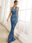 Striped Blue Sleeveless Mermaid Sequin Prom Dress XJ1507 MISS ORD