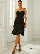 Asymmetric Ruffle Black Midi Knit Prom Dress XJ1361