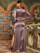 Surplice Neck Split Thigh Lantern Sleeve Satin Prom Dress XH1793 MISS ORD