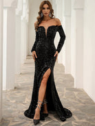 Off Shoulder Mesh Insert Split Sequin Prom Dress M0806 MISS ORD