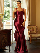 Open Back Mermaid Satin Sleeveless Maxi Red Evening Dress XH2234