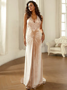 Halter Velvet Floor Length Apricot Mermaid Evening Dress XH2312 MISS ORD