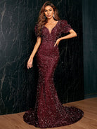 Puff Sleeve Floor Length Sequin Gold Prom Dress XJ901 MISS ORD