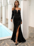 Off Shoulder Mesh Insert Split Sequin Prom Dress M0806 MISS ORD