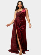 Plus Size One Shoulder Draped Sequin Burgundy Prom Dress PXH2356 - MISS ORD