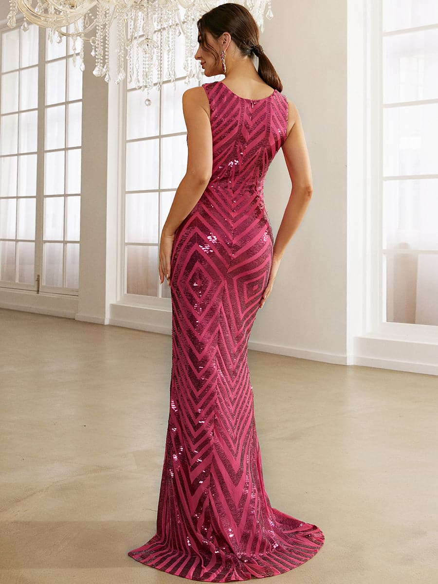 V-neck Split Geometric Rosered Prom Dress XH2289 MISS ORD