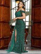 Formal Spaghetti Draped Sequined Green Dress MQ007