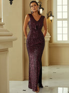 V-neck Ruched Split Thigh Sequin Formal Dress XJ1256 MISS ORD