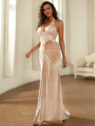 Halter Velvet Floor Length Apricot Mermaid Evening Dress XH2312 MISS ORD