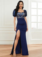 Puff Sleeve Sweetheart Neck Blue Sequin Evening Dress XJ2101 MISS ORD