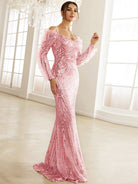 Formal Off The Shoulder Floor Length Sequin Pink Evening Dress XH2291 MISS ORD