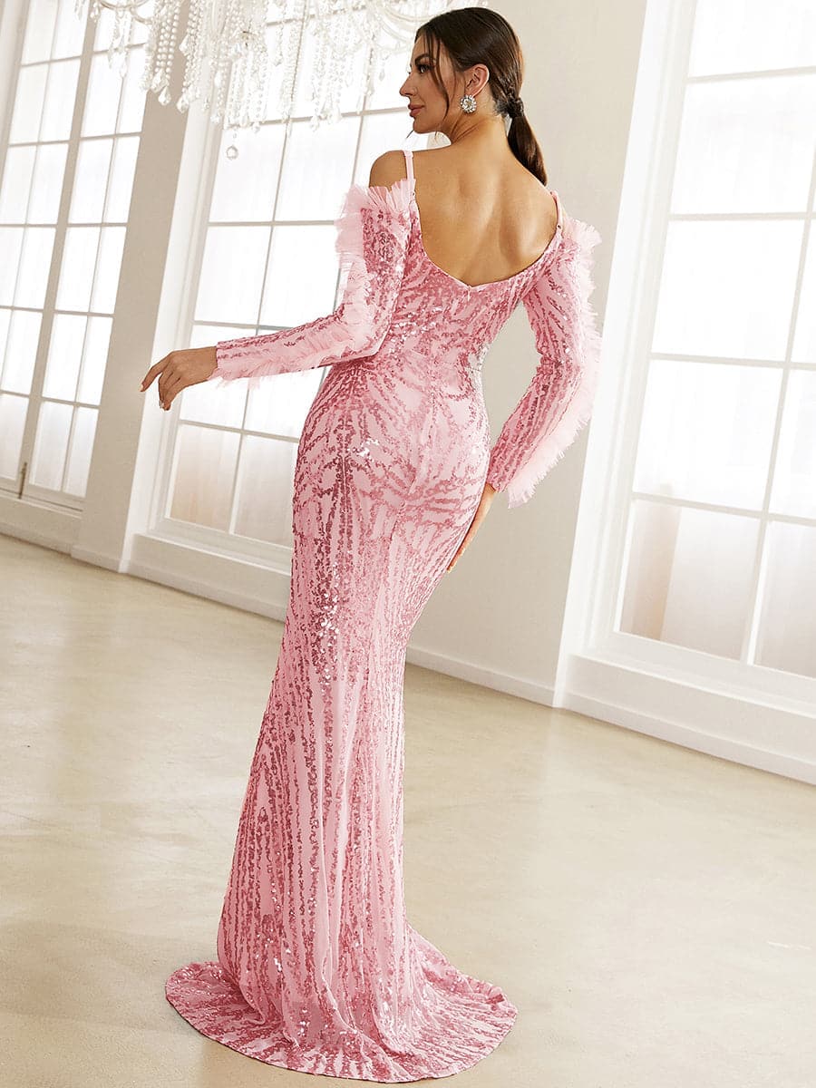 Formal Off The Shoulder Floor Length Sequin Pink Evening Dress XH2291 MISS ORD