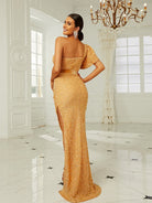 One Shoulder Mesh Panel Split Thigh Sequin Formal Dress XH2170 MISS ORD