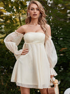 Off Shoulder Flounce Sleeve White Mini Tulle Mesh Dress XJ1268 MISS ORD