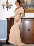 Deep V Neck Cut Out Long Apricot Evening Dress XH2117 MISS ORD