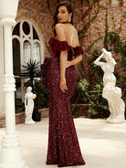 Strapless Ruffled Ruched Maxi Burgundy Sequin Formal Dress XH2444 MISS ORD