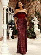 Strapless Ruffled Ruched Maxi Burgundy Sequin Formal Dress XH2444 MISS ORD