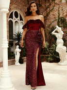 Strapless Ruffled Ruched Maxi Burgundy Sequin Formal Dress XH2444 MISS ORD