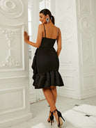 Asymmetric Ruffle Black Midi Knit Prom Dress XJ1361