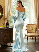 Off Shoulder Blue Mermaid Satin Dress M02084