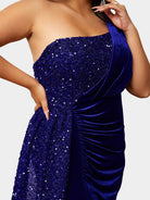 Plus Size One Shoulder Draped Sequin Burgundy Prom Dress PXH2356 - MISS ORD