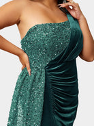 Plus Size One Shoulder Draped Sequin Burgundy Prom Dress PXH2356 MISS ORD