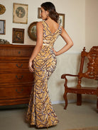 Deep V Neck Belt Print Maxi Sequin Tank Formal Dress WY74 MISS ORD