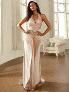 Halter Velvet Floor Length Apricot Mermaid Evening Dress XH2312 MISS ORD