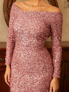 Long Sleeve Off Shoulder Pink Sequin Formal Dress XJ1963