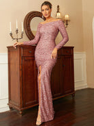 Long Sleeve Off Shoulder Pink Sequin Formal Dress XJ1963