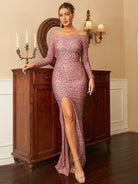 Long Sleeve Off Shoulder Pink Sequin Formal Dress XJ1963