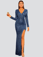 V Neck Long Split Sequin Blue Prom Dress XJ969 MISS ORD