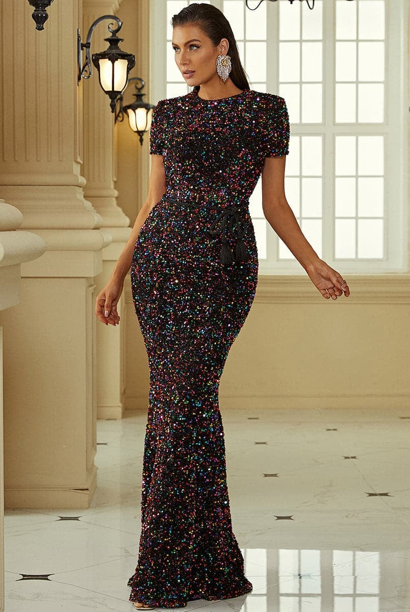Short Sleeve Open Back Sequin Formal Evening Gown XJ1338 MISS ORD