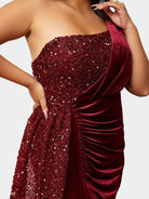 Plus Size One Shoulder Draped Sequin Burgundy Prom Dress PXH2356 - MISS ORD