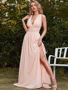 Deep V Pink Sleeveless Side Split Prom Dress XJ1212 MISS ORD