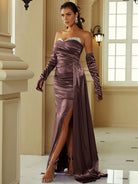 Strapless Slit Satin Floor Length Formal Dress With Gloves XH2211 MISS ORD