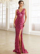 V-neck Split Geometric Rosered Prom Dress XH2289 MISS ORD