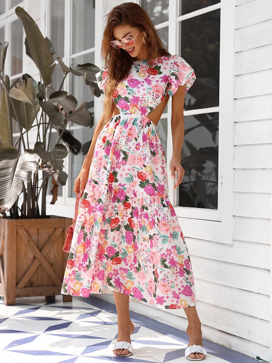 Backlesss Short Sleeve Multicolor Print Maxi Dress XH1058 MISS ORD