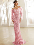 Formal Off The Shoulder Floor Length Sequin Pink Evening Dress XH2291 MISS ORD