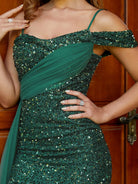 Formal Spaghetti Draped Sequined Green Dress MQ007