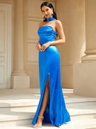 Blue Halter Satin Prom Dress RH30076