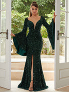 Bell Sleeve V-Neck Sequin Split Green Prom Dress M02169 MISS ORD