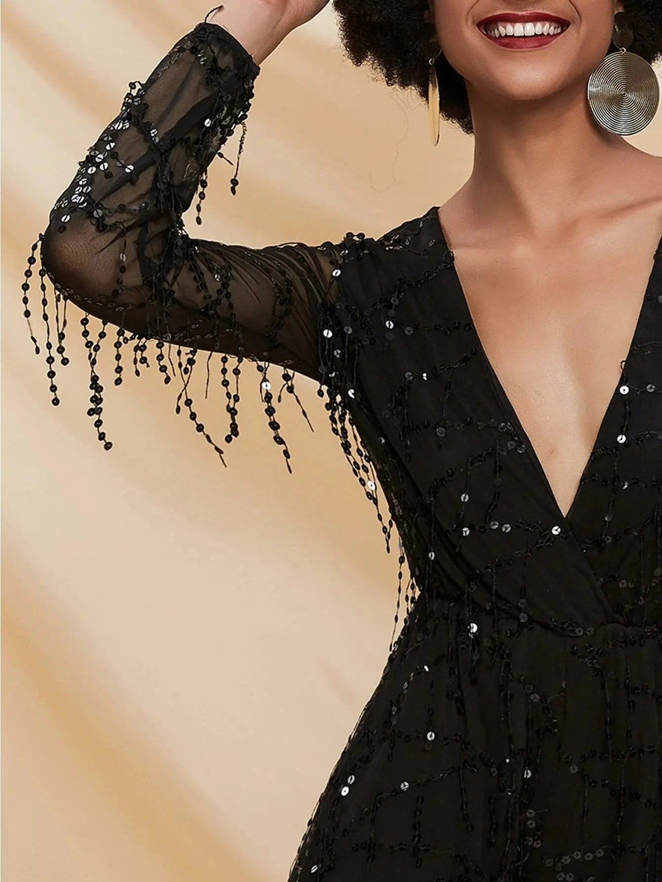 Deep V Neck Sheer Sleeve Sequin Mesh Romper FT2800 - MISS ORD