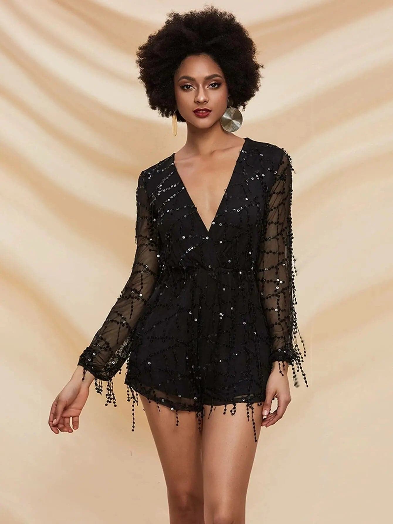 Deep V Neck Sheer Sleeve Sequin Mesh Romper FT2800 - MISS ORD