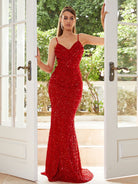 Spaghetti Backless Sequin Maxi Rosered Evening Dress XJ1646 MISS ORD