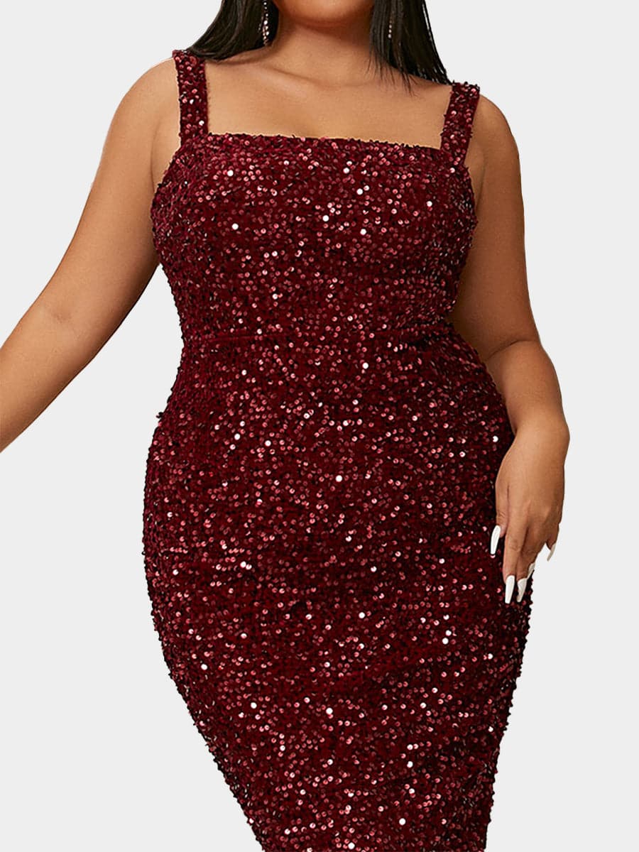 Plus Size Square Neck Sleeveless Sequin Midi Dress PXJ468