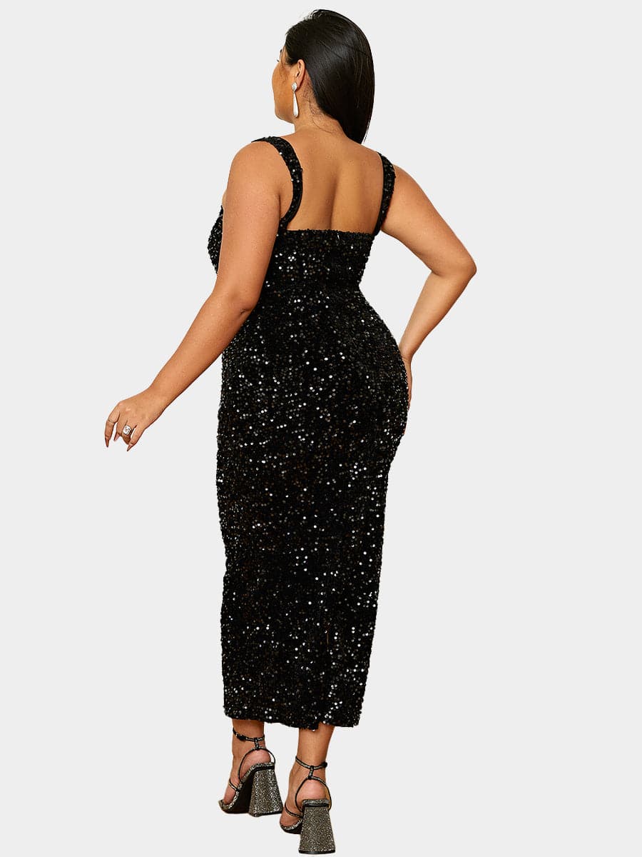 Plus Size Square Neck Sleeveless Sequin Midi Dress PXJ468