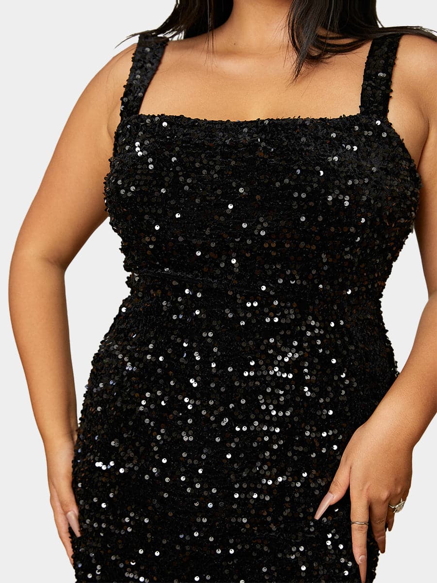 Plus Size Square Neck Sleeveless Sequin Midi Dress PXJ468