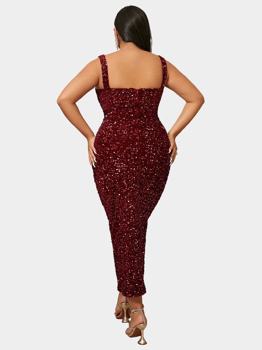 Plus Size Square Neck Sleeveless Sequin Midi Dress PXJ468